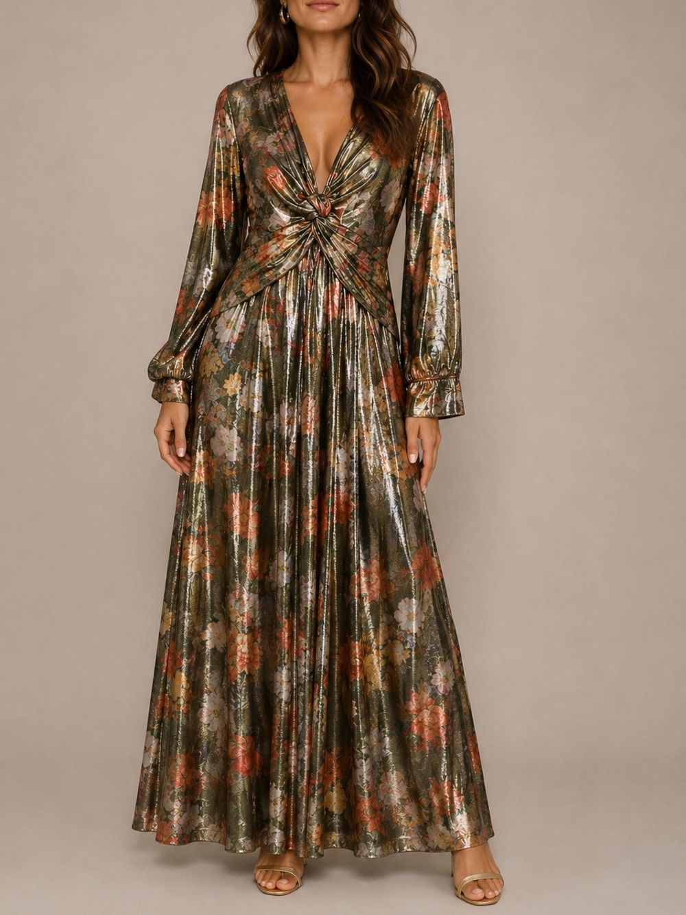 Anthropologie x Caballero Metallic Twist-Front Floral Maxi Dress S